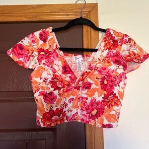 Pink and Red Crop Blouse with Ruched Style